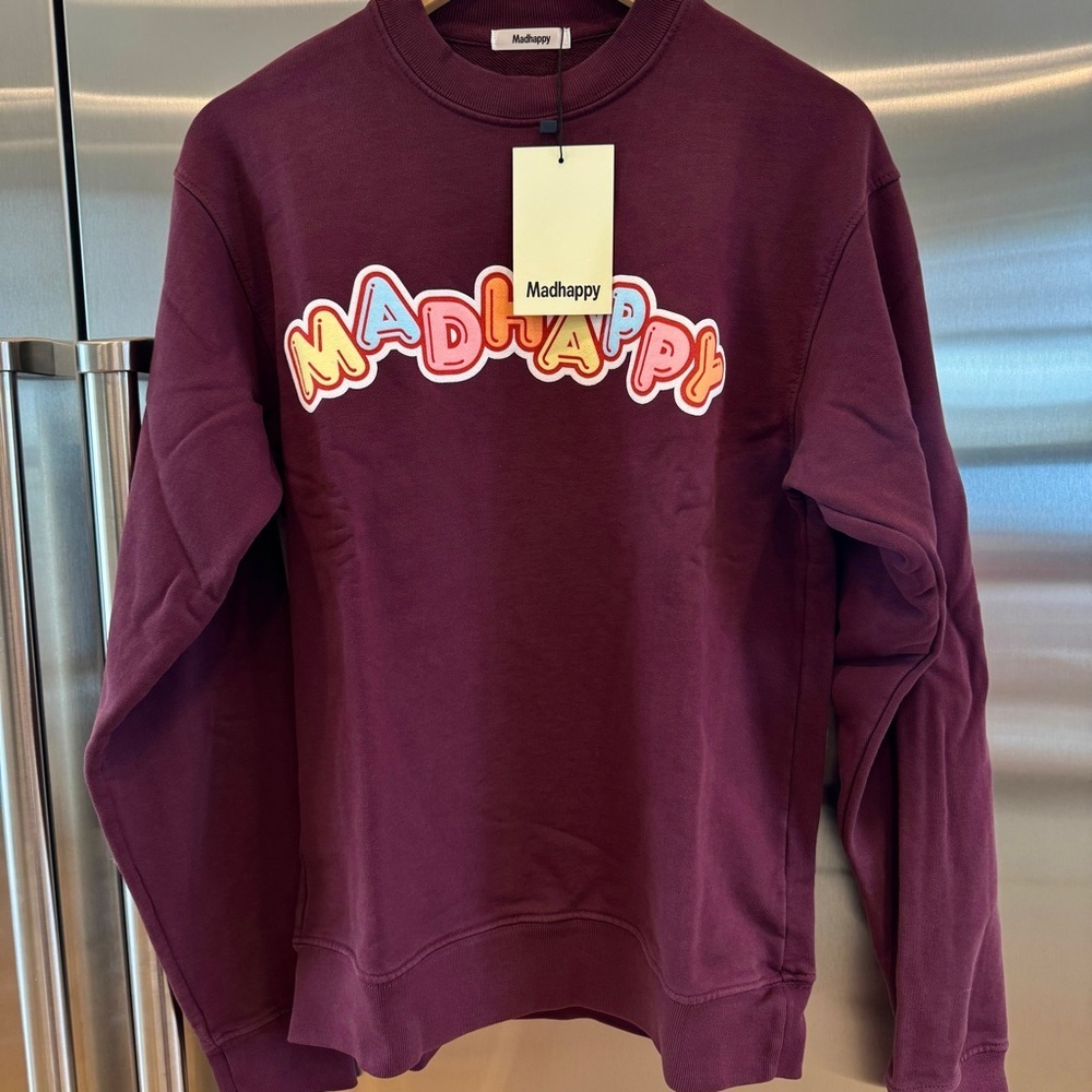 NWT MadHappy Crush Universal Crewneck in Maroon Dark Red Candy Block Letters
